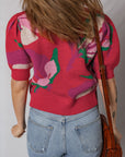Floral Abstract Short Puff Sleeve Sweater