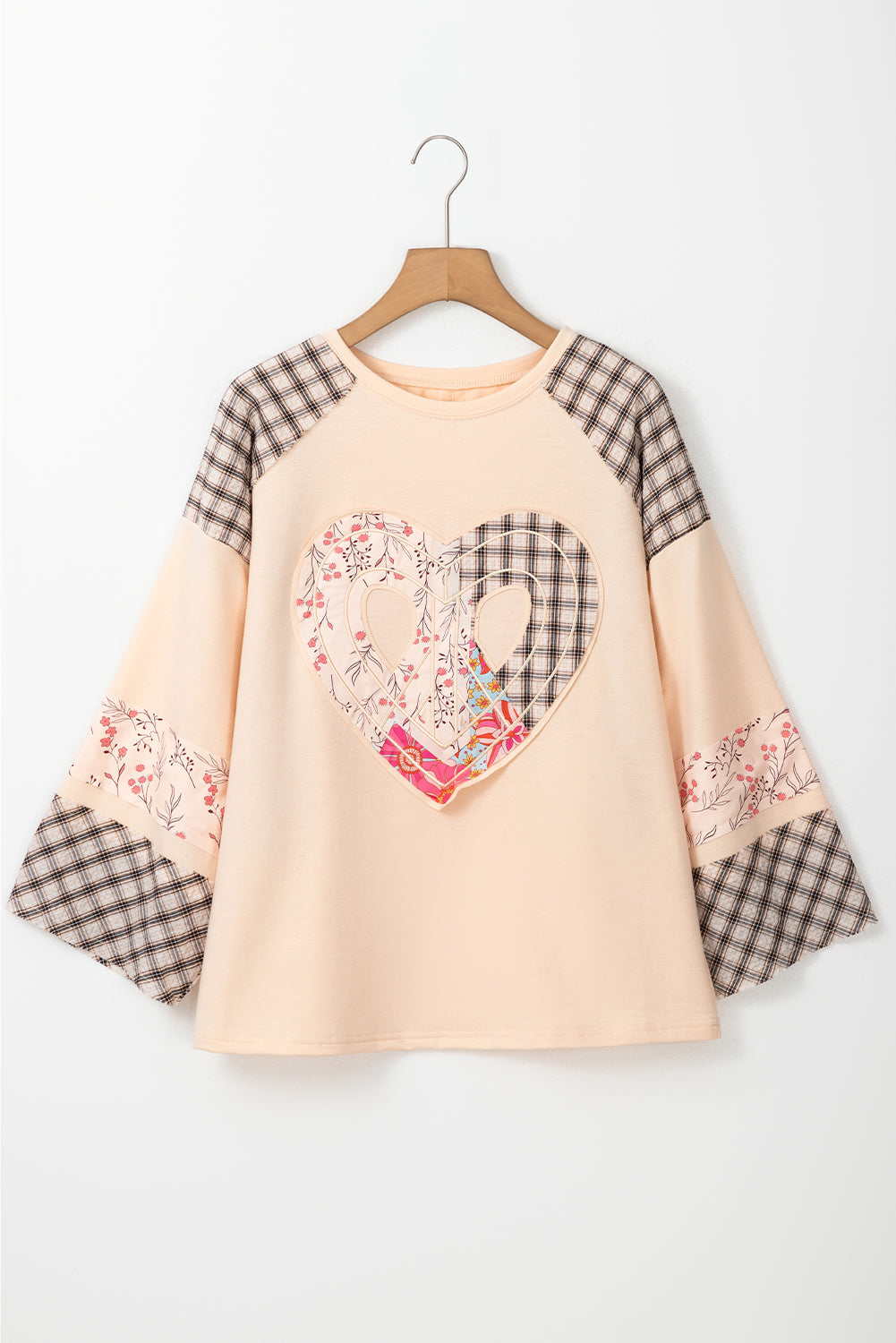 Valentine Heart Plaid Floral Patchwork Long Sleeve Top