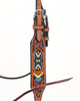 Bar H Equine Western Horse Genuine Leather Floral Design Beaded Headstall Brown