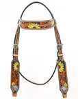 Bar H Equine Western Horse Genuine Leather Floral Design  Headstall Tan