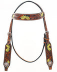 Bar H Equine Western Horse Genuine Leather Floral Design  Headstall Tan