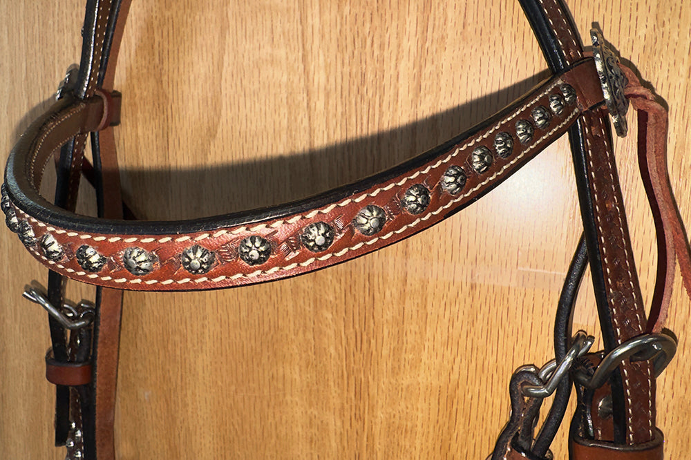 Bar H Equine Western Horse Genuine Leather Hand Tooled  Headstall Dark Brown
