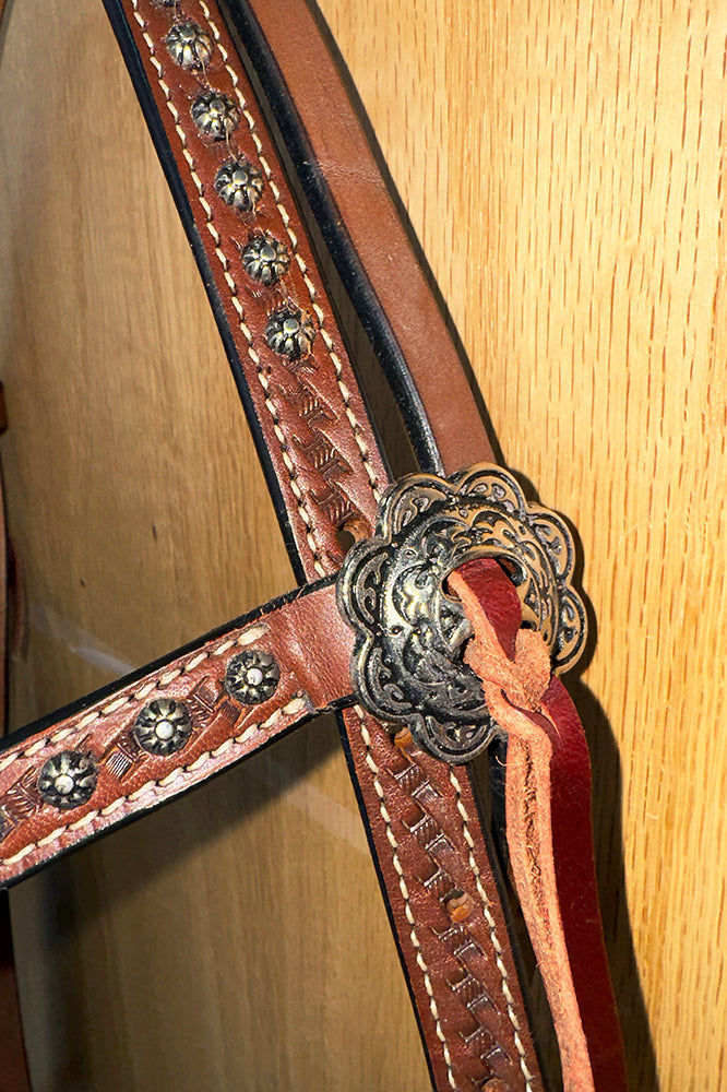 Bar H Equine Western Horse Genuine Leather Hand Tooled  Headstall Dark Brown
