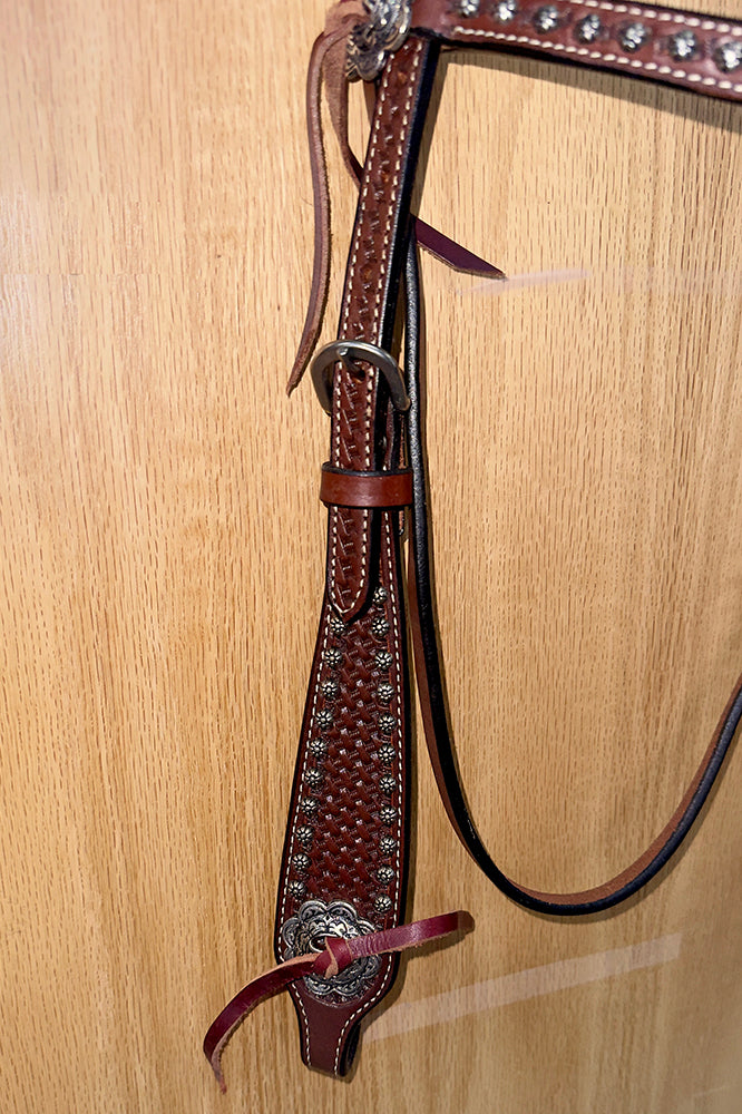 Bar H Equine Western Horse Genuine Leather Hand Tooled  Headstall Dark Brown
