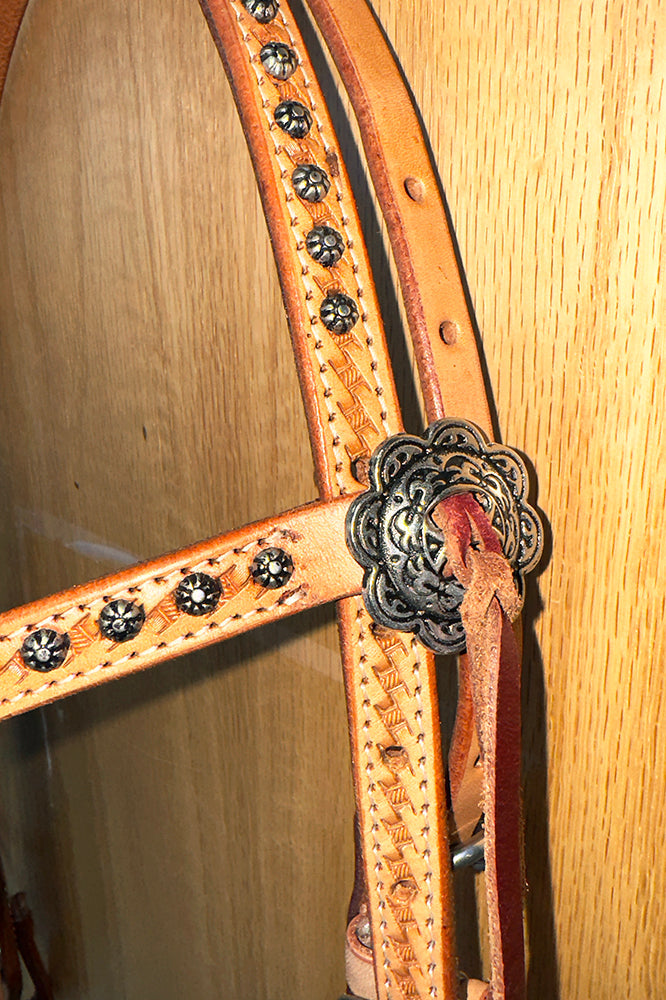 Bar H Equine Western Horse Genuine Leather Hand Tooled  Headstall Dark Brown