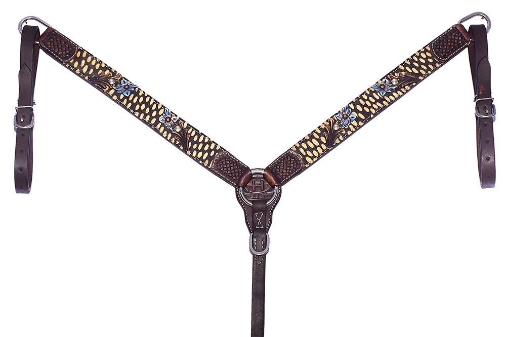 Bar H Equine Premium Hand Tooled Leather Breast Collar  Stainless Steel Hardware Brown