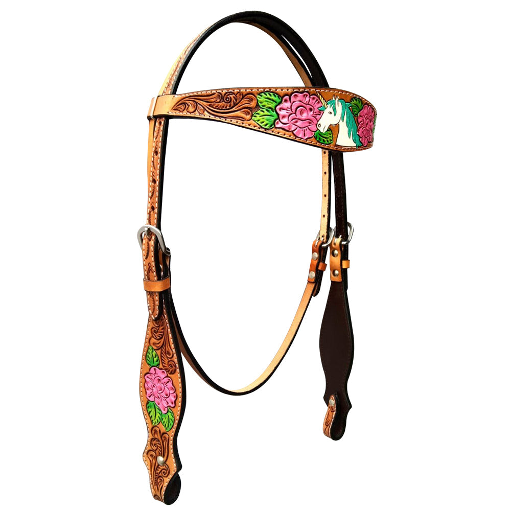 Bar H Equine Belle Unicorn Leather One Ear Headstall Tan