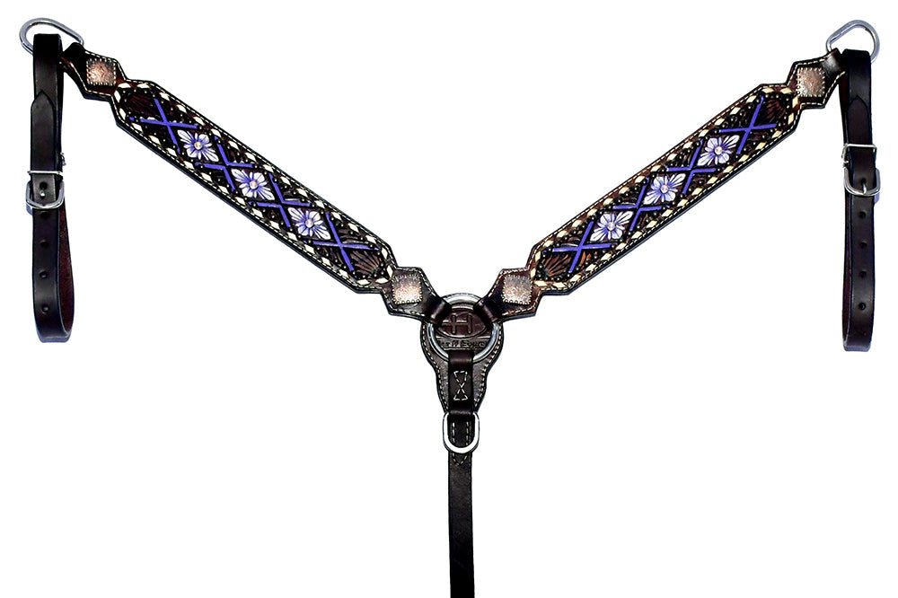 Bar H Equine Genuine Western American Leather Horse Premium Headstall &amp; Breast Collar Set