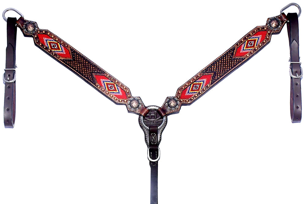 BAR H EQUINE Western Leather Horse Headstall &amp; Breast Collar &amp; Wither Strap