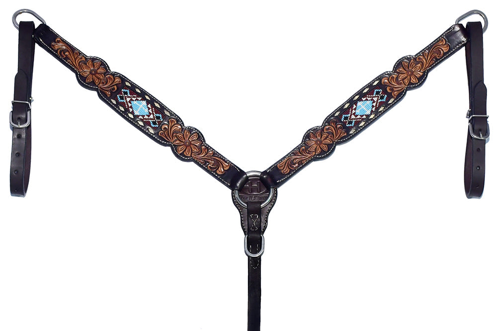 Bar H Equine Genuine Western American Leather Horse Premium Headstall &amp; Breast Collar Set