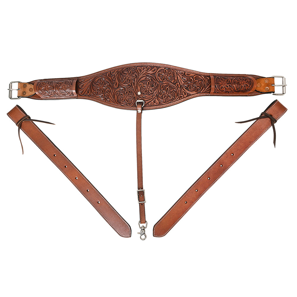 Comfytack Horse Saddle Flank Cinch Girth Handtooled Leather W/ Billets Brown