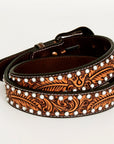 BAR H EQUINE Floral Leaf White Crystal Hand Carved Western Leather Men And Women Belt Brown