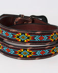 BAR H EQUINE Beaded Crystal Basket Tooled Hand Carved Western Leather Men And Women Belt Antique Brown