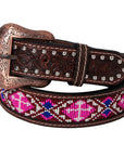 BAR H EQUINE Beaded Floral Hand Carved Western Leather Men And Women Belt Antique Brown