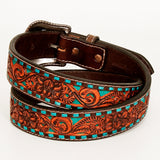 BAR H EQUINE Turquoise Buckstitch Floral Hand Carved Western Leather Men And Women Belt