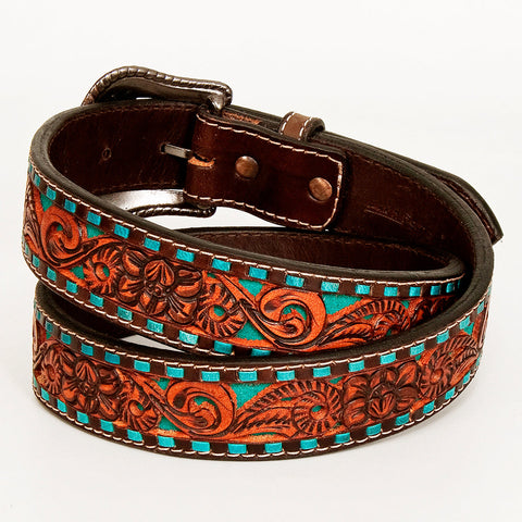 BAR H EQUINE Turquoise Buckstitch Floral Hand Carved Western Leather Men And Women Belt