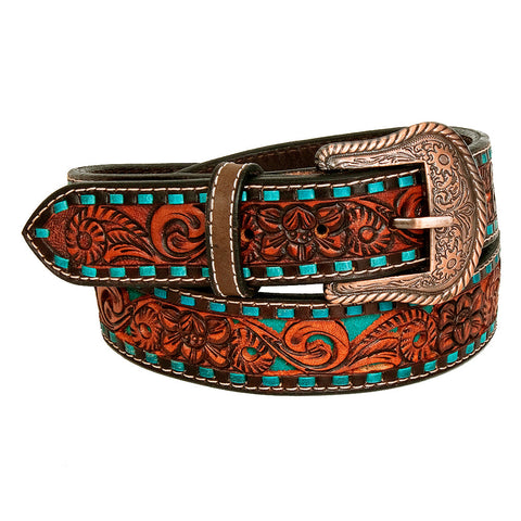 BAR H EQUINE Turquoise Buckstitch Floral Hand Carved Western Leather Men And Women Belt