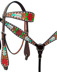 HILASON Western Horse Headstall Breast Collar Set American Leather Rose With Tan