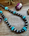 NFR Collection Necklace – 8mm & 14mm Sterling Silver Pearls with 20mm Turquoise Disc – Handmade by The Bijoux FAB – 23.5"