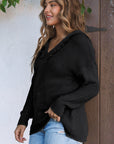 Solid Ribbed Drop Shoulder Hooded V-Neck Sweater