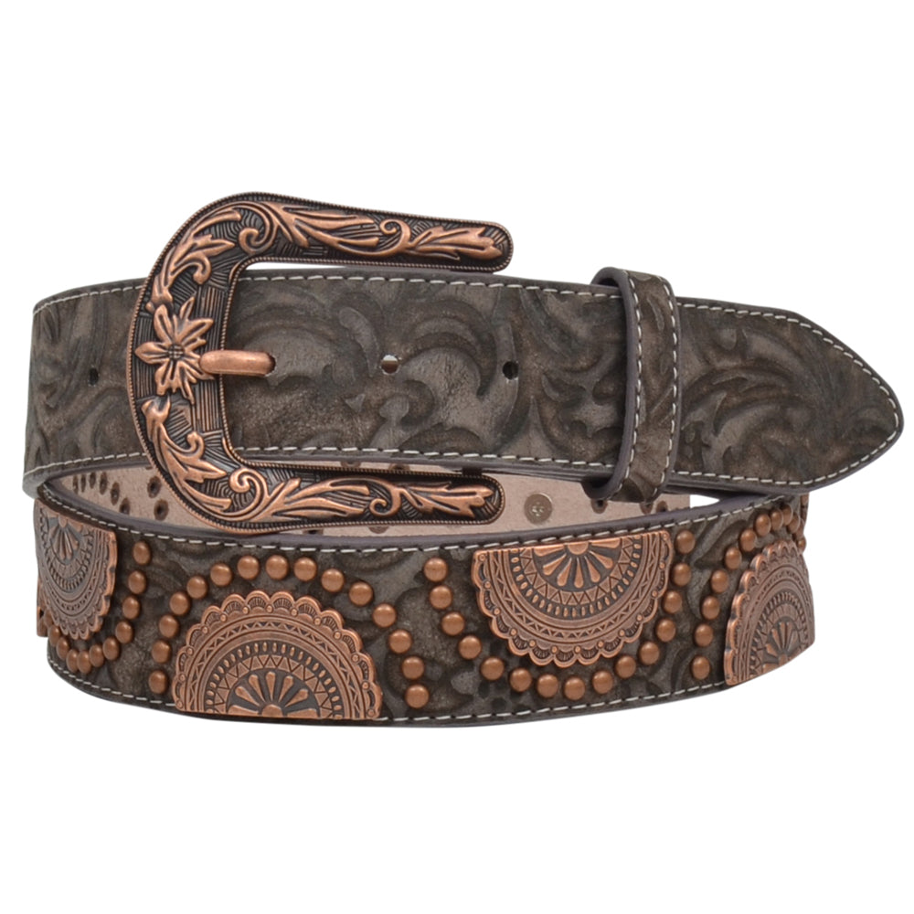 1 1/2&quot; Wide Brown Floral Embossed Leather Copper Stud Belt