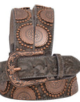 1 1/2" Wide Brown Floral Embossed Leather Copper Stud Belt