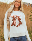 Western Bow Boots Embroidered Drop Shoulder Sweater
