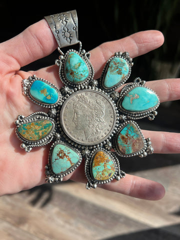 Apache Sterling Silver, Morgan Dollar and Natural Royston and Pilot Mountain Turquoise Pendant by Rosella Paxson