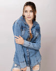 American Darling Leather Hand Tooled Carved Women Denim Shirt Jacket