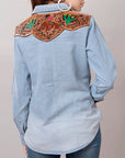 American Darling Leather Hand Tooled Carved Women Denim Shirt Jacket