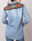 American Darling Leather Hand Tooled Carved Women Denim Shirt Jacket