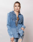 American Darling Leather Hand Tooled Carved Women Denim Shirt Jacket