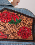 American Darling Leather Hand Tooled Carved Women Denim Shirt Jacket