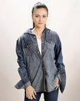American Darling Leather Hand Tooled Carved Women Denim Shirt Jacket