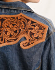 American Darling Leather Hand Tooled Carved Women Denim Shirt Jacket