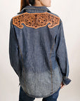 American Darling Leather Hand Tooled Carved Women Denim Shirt Jacket