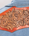 American Darling Leather Hand Tooled Carved Women Denim Shirt Jacket
