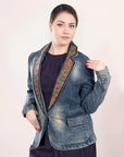 ADBZ018 Genuine leather Hand tooled hand carved Women 100% cotton Denim Blazer dress jacket ladies Girl