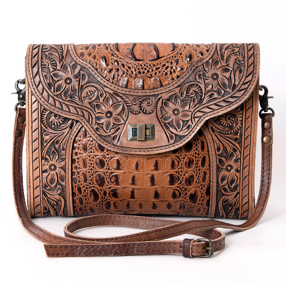 American Darling ADBG942 Crossbody Hand Tooled Crocodile Embossed Genuine Leather Women Bag Western Handbag Purse