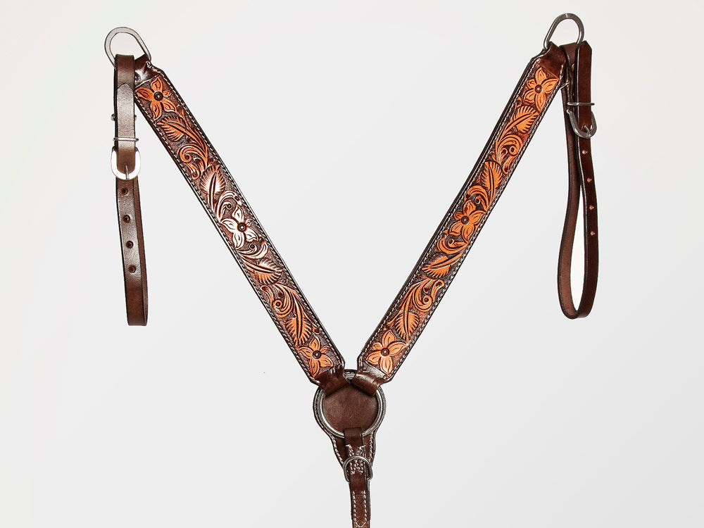 HILASON Western American Leather Horse Headstall &amp; Breast Collar Floral Carved Tack Set Dark Brown