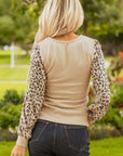 Leopard Patchwork Sleeve Ribbed Knit Scoop Neck Top