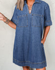 Blue Short Sleeve Collared Denim Mini Dress