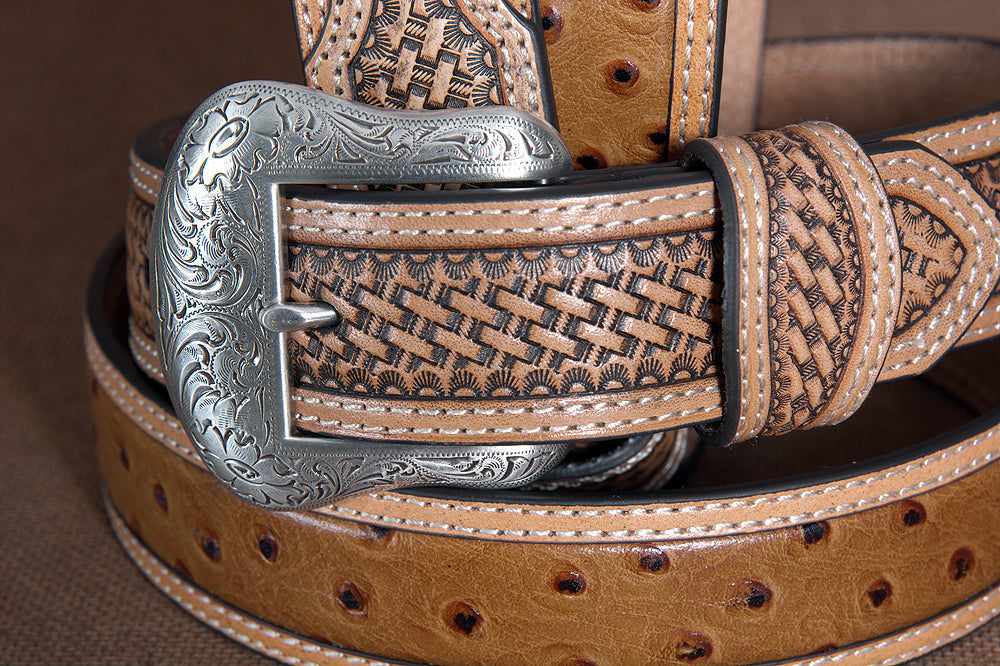Nocona Leather Mens Belt Basketweave Tooled 1-1/2 In Wide Ostrich Brown