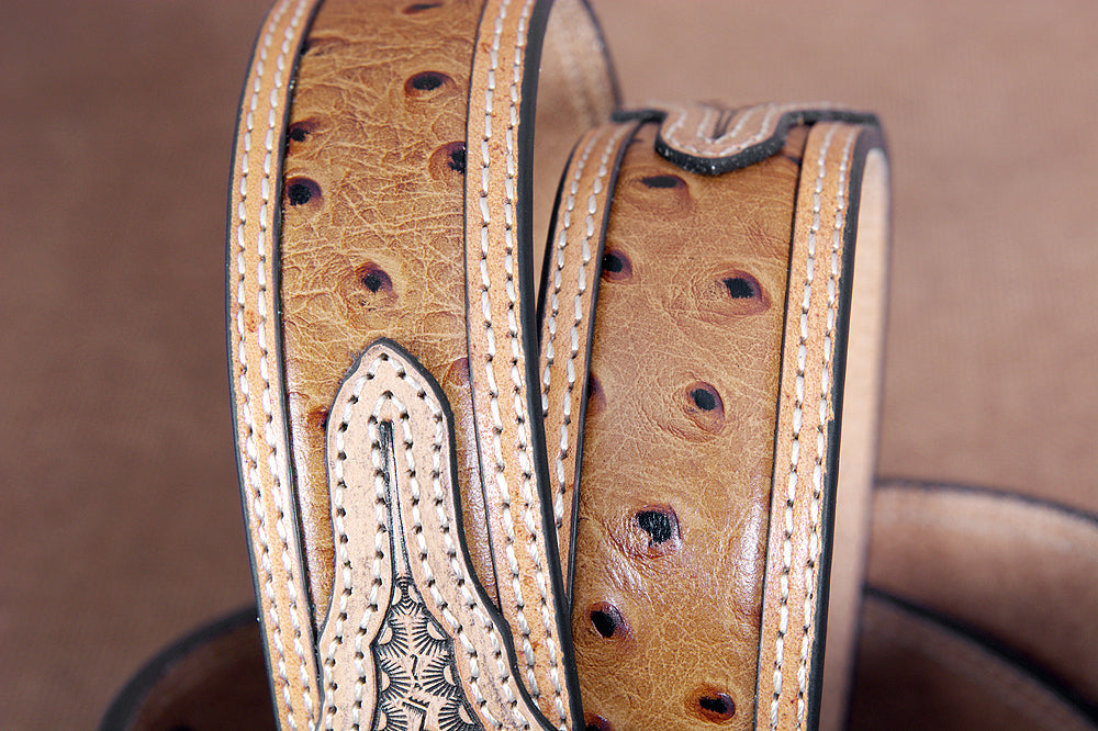 Nocona Leather Mens Belt Basketweave Tooled 1-1/2 In Wide Ostrich Brown