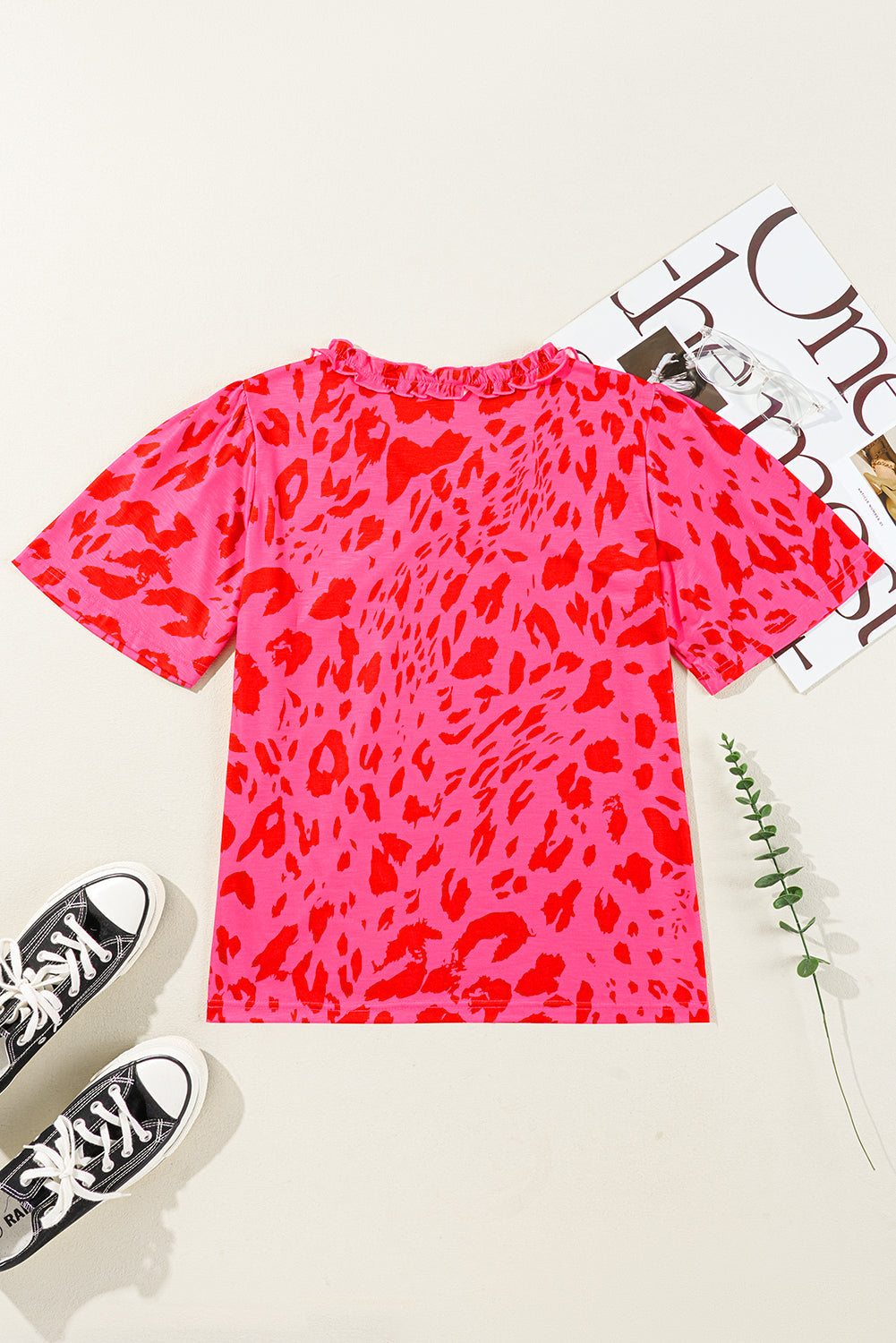 Laurel Leopard Frilly V Neck Short Sleeve Blouse