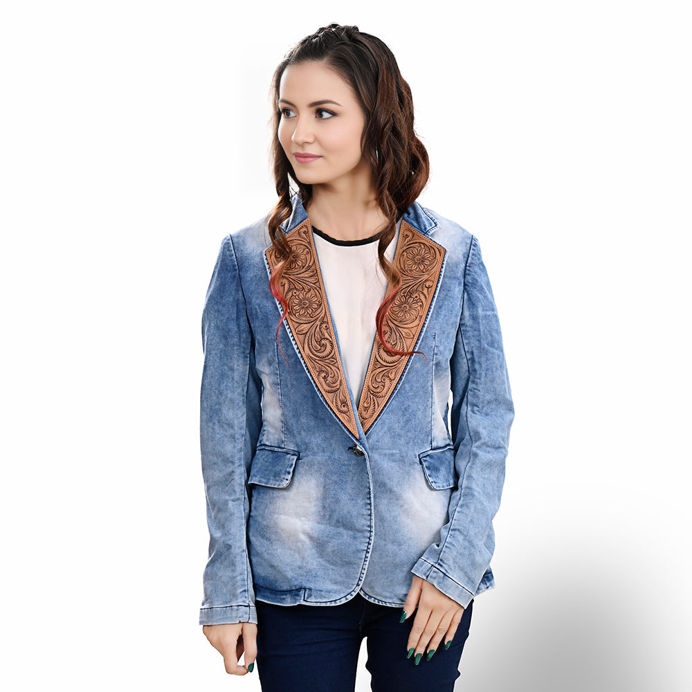 ADBZ702 Genuine leather Hand tooled hand carved Women 100% cotton Denim Blazer dress jacket ladies Girl