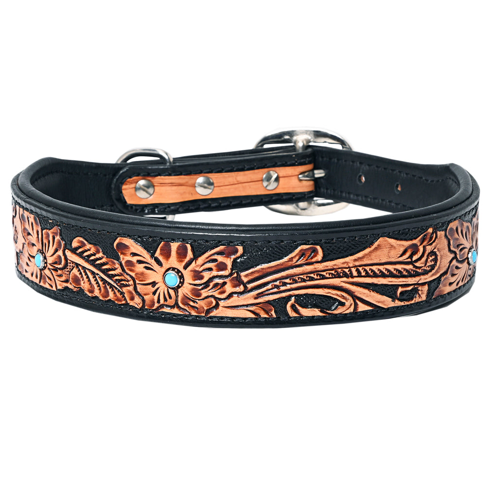 Hilason Floral Hand Tooled Strong Genuine Leather Dog Collar Black