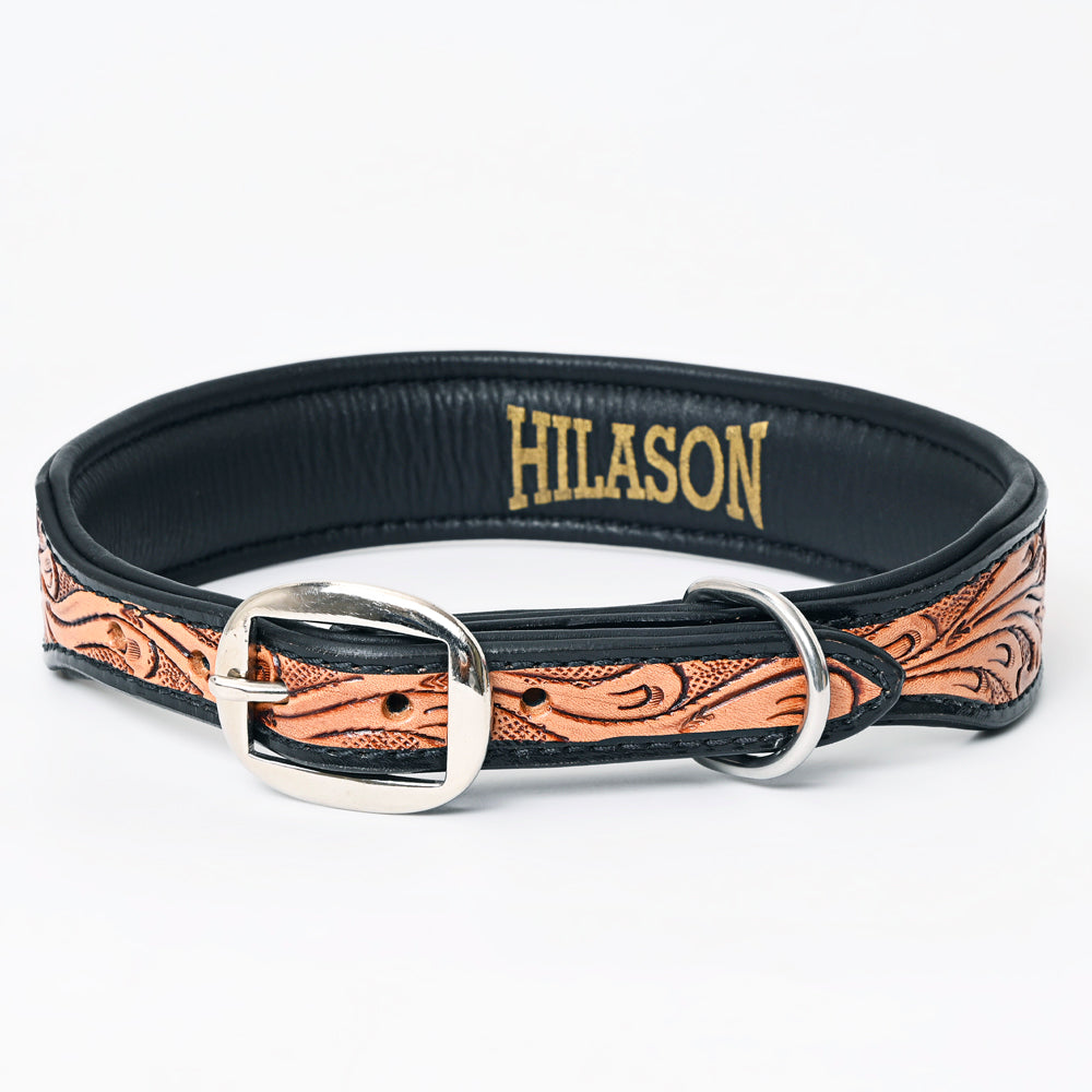 Hilason Floral Hand Tooled Strong Genuine Leather Dog Collar Black/Tan