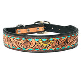 Hilason Floral Hand Tooled Strong Genuine Leather Dog Collar Black/Tan