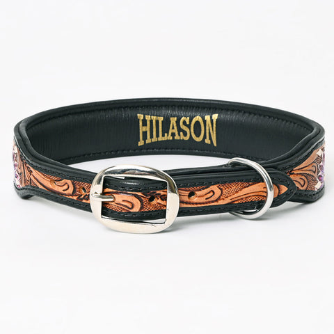 Stylish Hand-Tooled Floral Leather Dog Collar - Hilason Sunflower Design